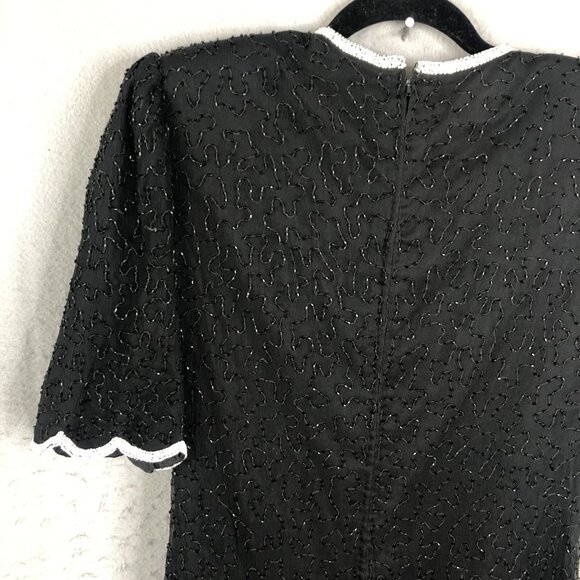 Vintage Brilliante by JA Dress Womens Large Black White Silk Beaded Cocktail - Picture 15 of 16
